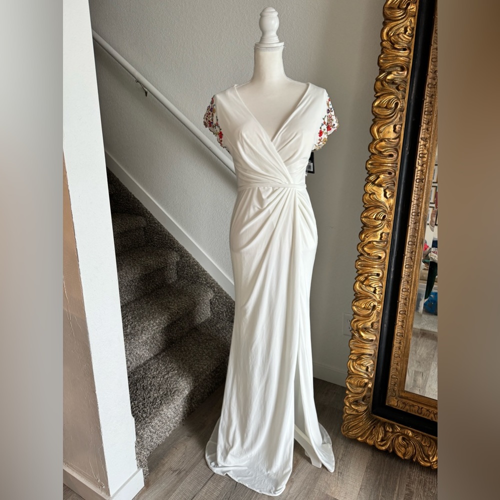 mac duggal white needed sleeve full length dress